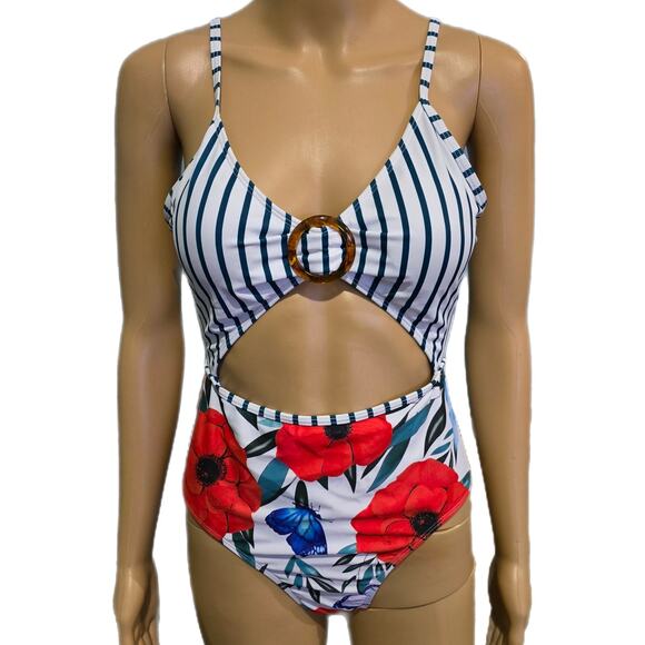 Cupshe Other - Cupshe Striped & Floral Print Cut-Out One Piece Swimsuit Medium